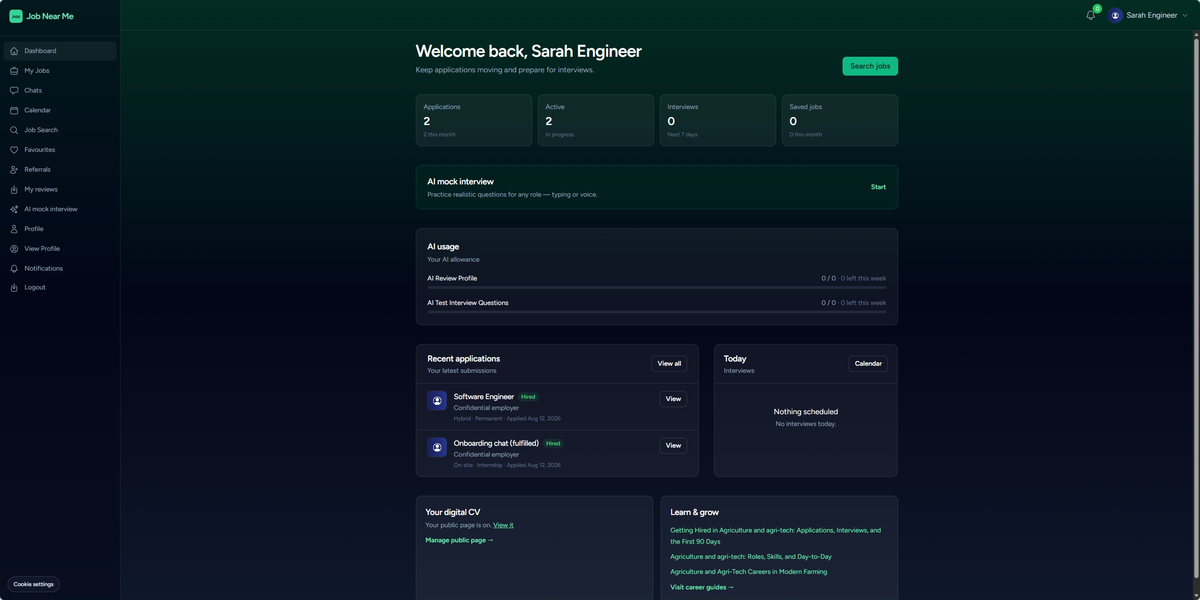 Candidate dashboard showing applications, AI mock interview promo, digital CV, and career guides