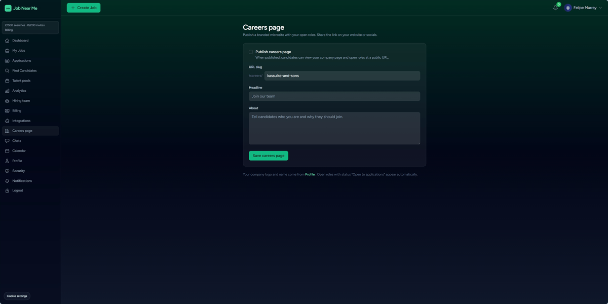 Careers page settings with publish toggle, public URL slug, headline, and about fields
