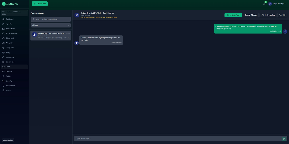 Employer chat with a hired candidate showing Call, Book meeting, Extend, and chat close window controls