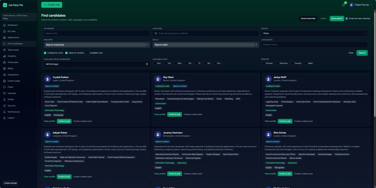 Find Candidates search with location radius, availability day and time filters, and candidate invite cards