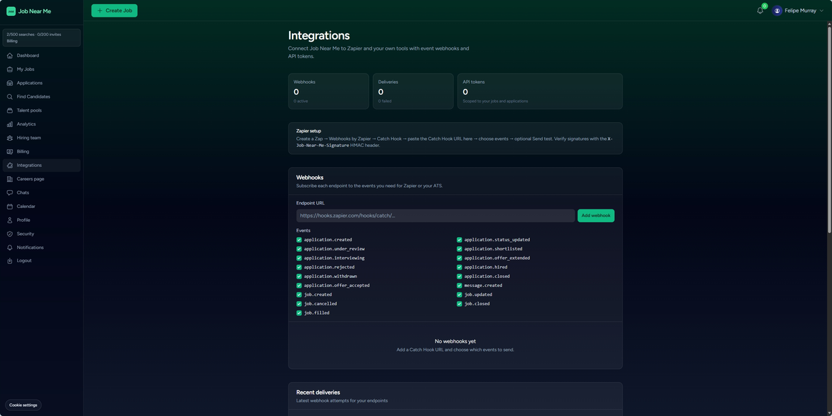 Integrations page showing webhook endpoint setup, hiring event checkboxes, Zapier guidance, and API token summary